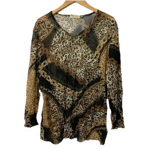 Jess & Jane Top Womens 1X Sheer Mesh Chain Animal Print V Neck Long Sleeve